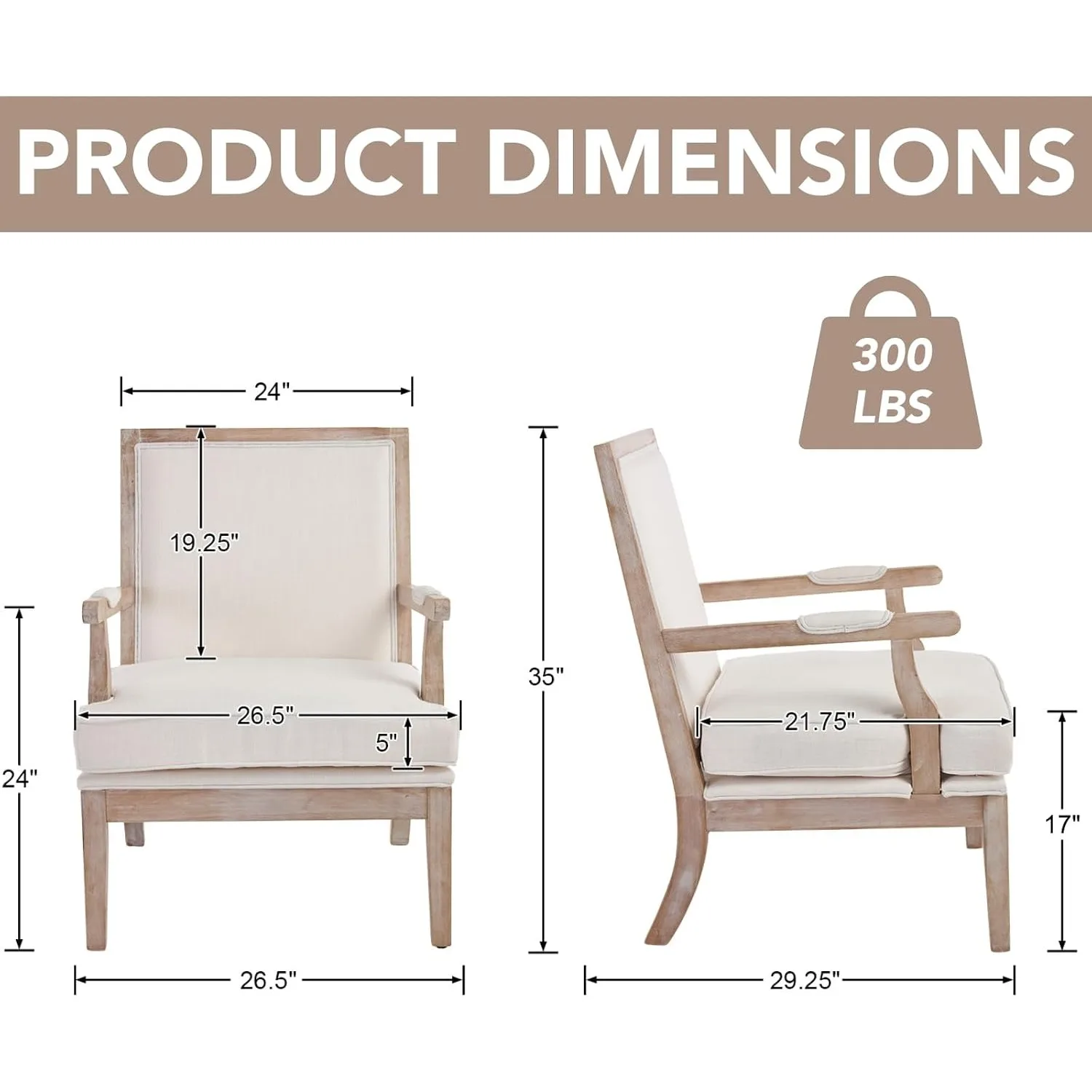 Modern Farmhouse Accent Chair, Wide Upholstered Linen Armchair with Armrest Pads, French Country Solid Wood Reading Chair for Living Room Bedroom Guest Room, Cream White Fabric