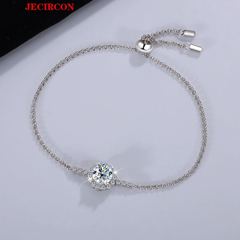 

JECIRCON S925 Sterling Silver Moissanite Bracelet for Women, Fashion Simple Small Daisy Round Bag, Push Zipper Size Adjustable