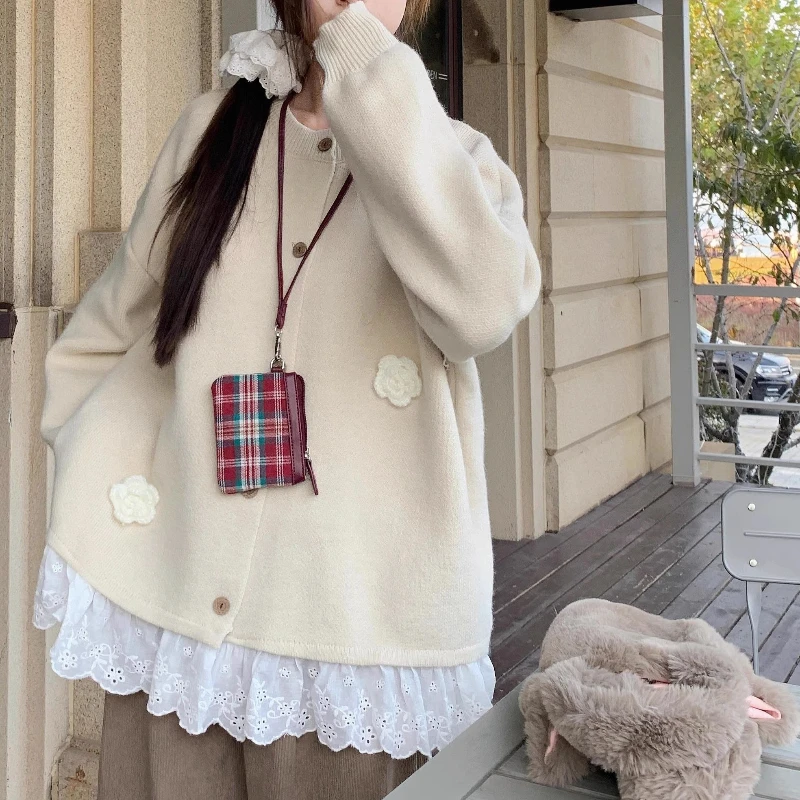 Fake 2 Piece Woman Sweaters Lace Ruffles Sweet Elegant Cardigans Korean Fashion Autumn Winter Flowers Sueter Mujer