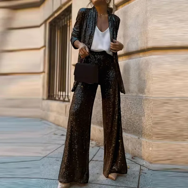 Autumn Sequin Sparkling Casual Elegant Vacation Set Y2K Sparkling Cardigan Long Sleeved Top & Wide Leg Pants Christmas Suit  New