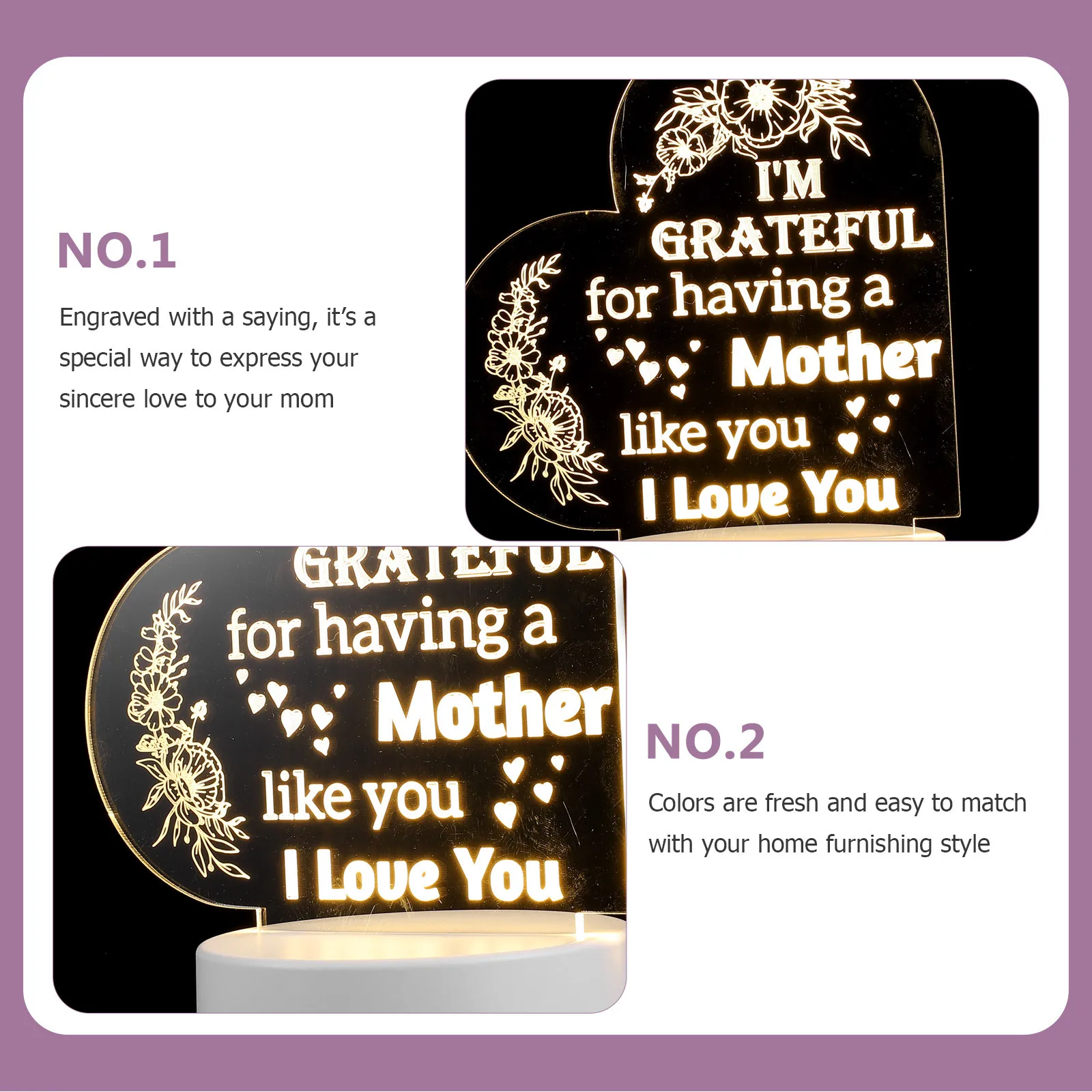 

Led Night Light Acrylic Heart Usb Powered Bedside Lamp For Mom Mother’S Day Gift Wife Grandma Stepmom Engraved Soft