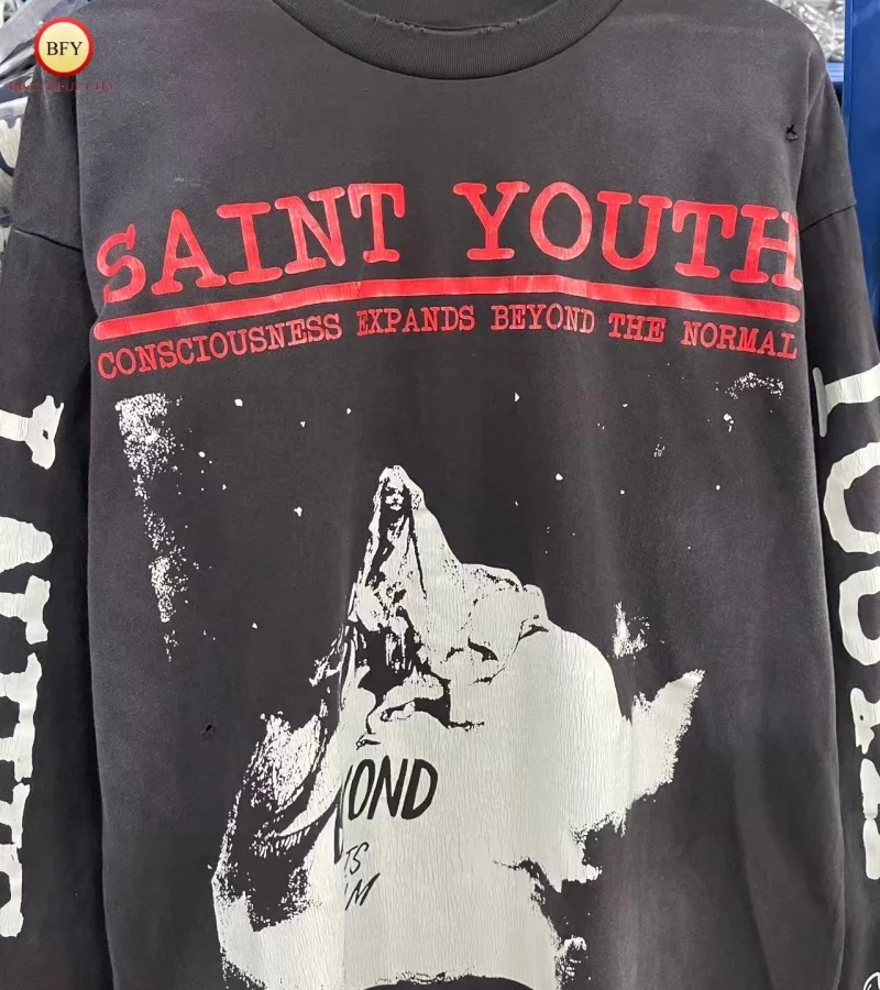 تي شيرت SAINT للرجال والنساء High Street 25AW وصل حديثًا تي شيرت عتيق بأكمام طويلة #3