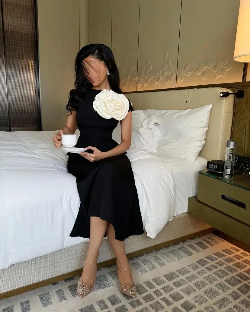 Fnoexw-レディースブラック半袖プロムドレス、ラウンドネックプリーツフラワー、足首の長さ、イブニングガウン、ウェディングパーティー、プロム、2022