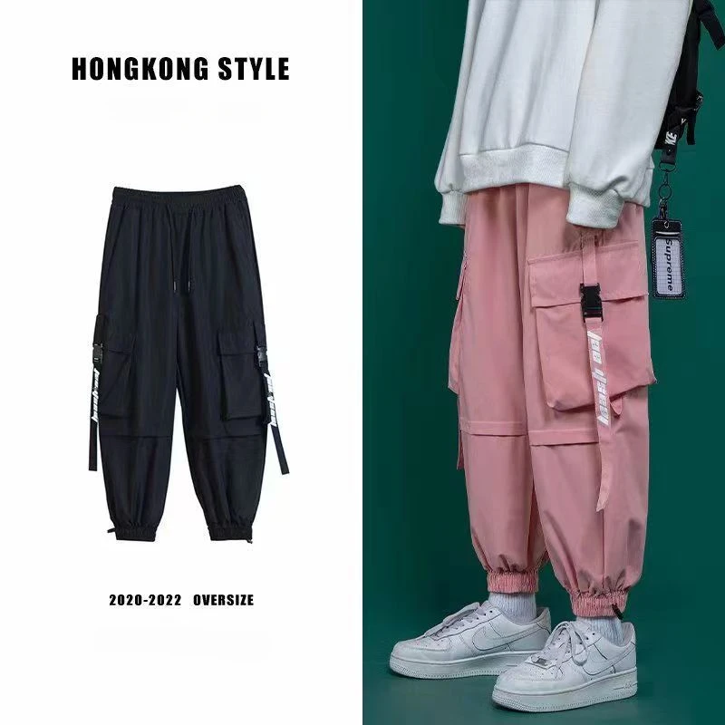 Men\'s Jogger Casual Pants with Streetwear Pink Cargo Pants Multi-pocket Harajuku Black Hip Hop Trousers for Men Large Size S-3XL