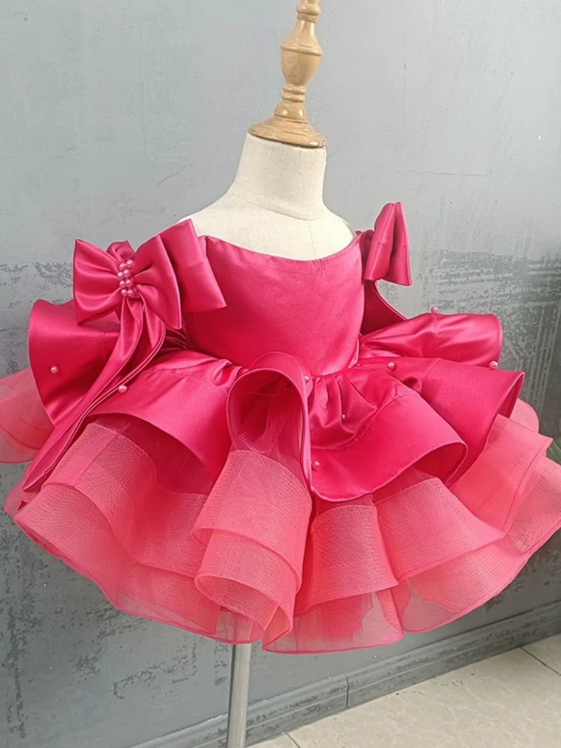 

Big Bow Flower Girl Dress with Pearls Princess Ball Gown Baby Girl Birthday Party Dresses Glitter First Communion Dress