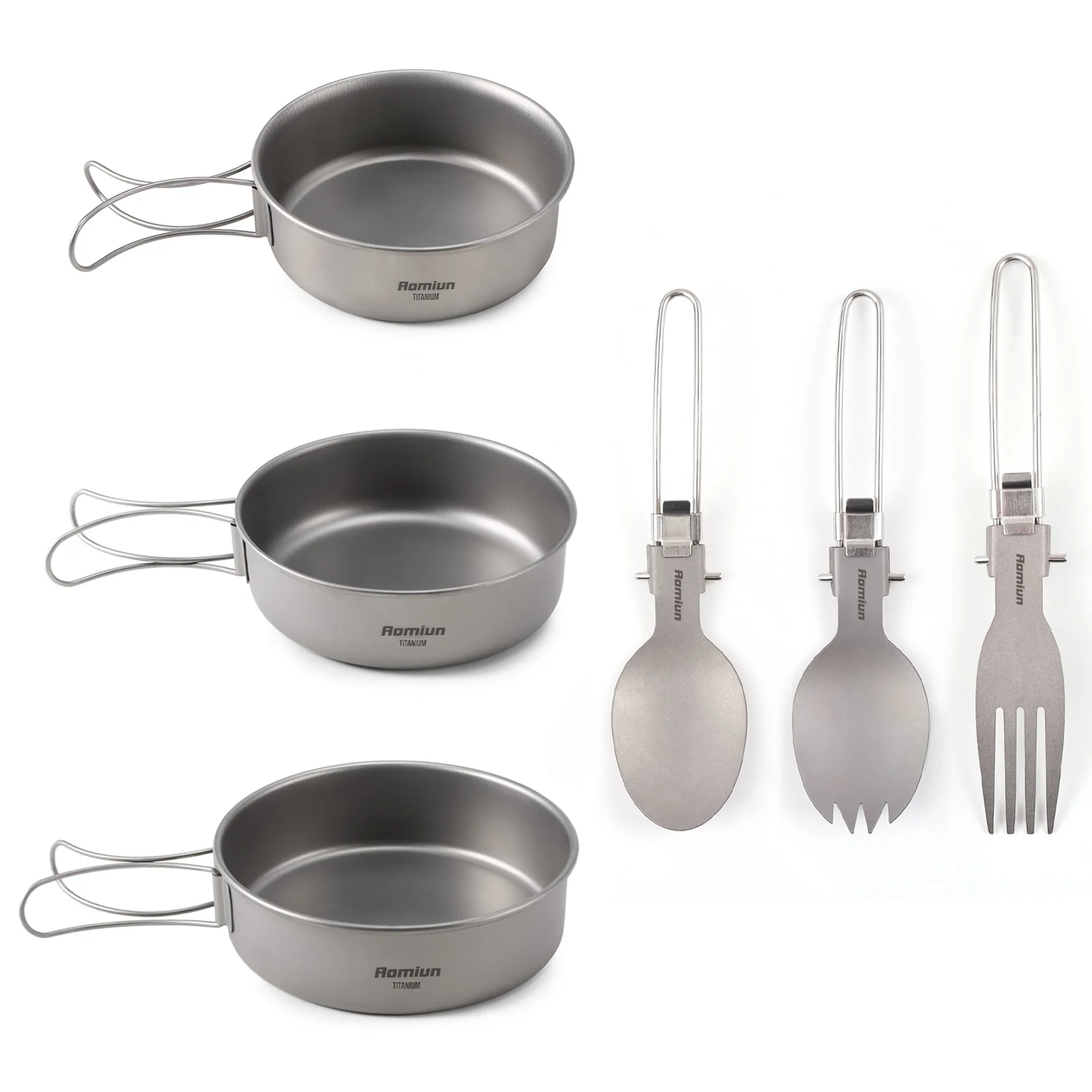 

Camping Bowl and Utensil Set 3 Bowls Spoon Fork Combo Titanium Bowl with Folding Handle Ultralight Hiking Titanium