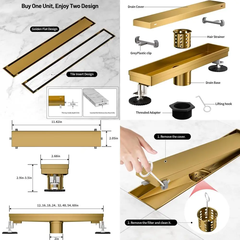 

Gold 54-Inch 304 Stainless Steel Linear Shower Drain with Hair Strainer and Adjustable Feet for Invisible Floor Installation