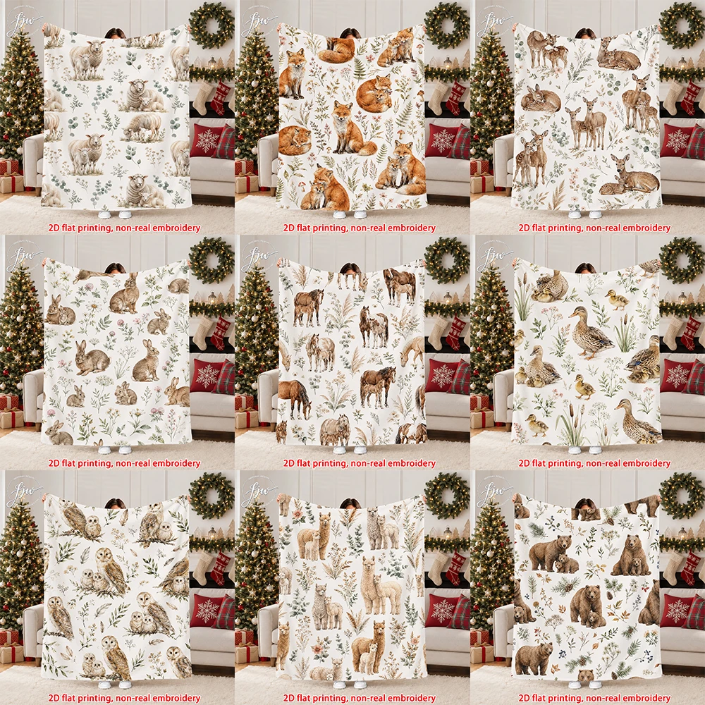 1pc  Rustic Farmhouse Wildlife Throw Blanket, Vintage Watercolor Forest Animal Printed Soft Flannel Blanket Home Couch Bed Decor