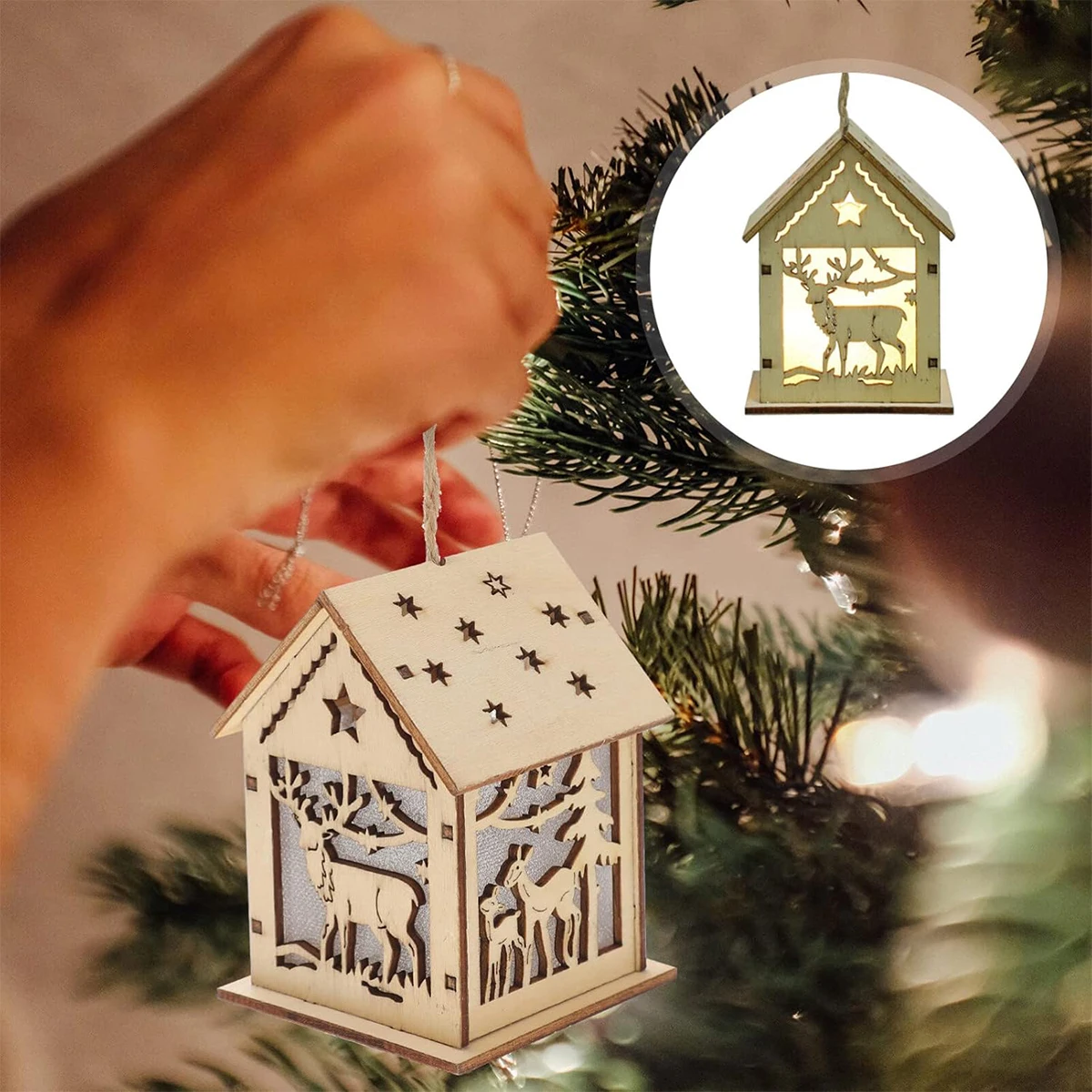 Wooden House Shape LED Light Table Christmas Tree Lantern Hanging Oprated DIY Lights The On Christmas Gifts Mini Multicolor Lamp