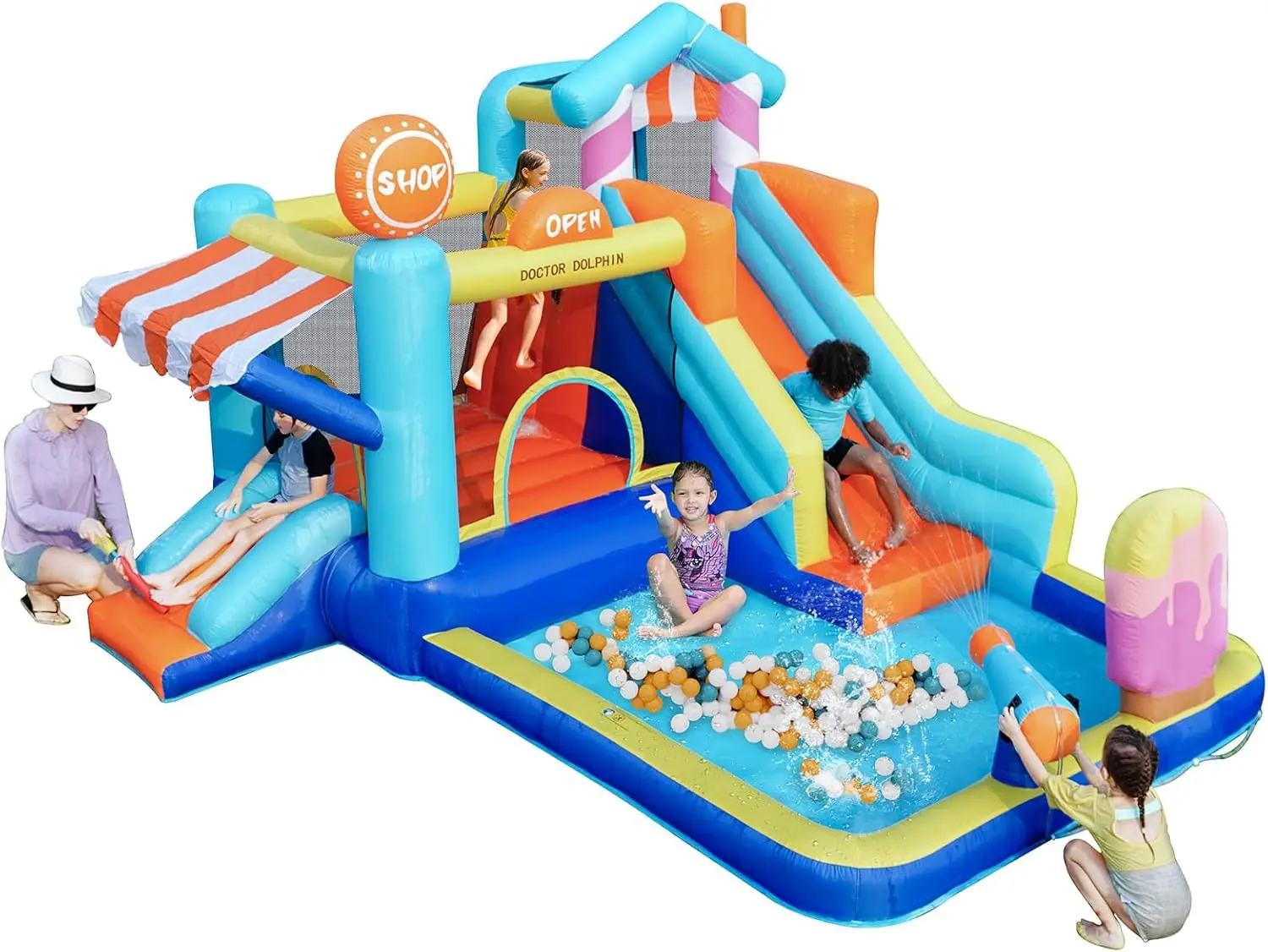 บ้านตีกลับทําให้พองพร้อมสไลเดอร์และเครื่องเป่าลมสําหรับเด็ก, สไลด์คู่กระโดดโกหกพองระเบิดปราสาท Bouncy พร้อมลูกบอล