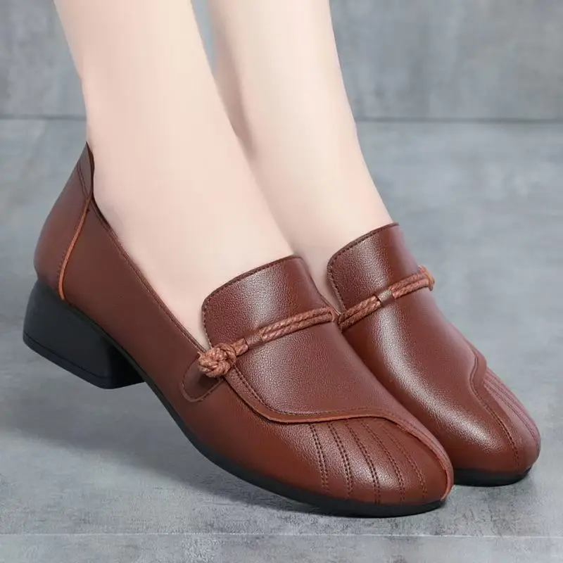 

Women Block Heel Real Leather Nude Shoes Spring Autumn New High Quality Soft sole Non Slip Round Toe Shallow Slip On Work Shoes