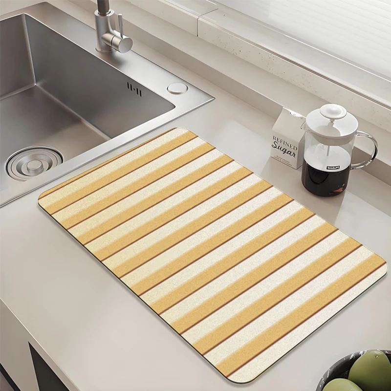 

Yellow & White Striped Kitchen Drying Mat - Absorbent Non-Slip Quick Dry Pad for Sink Countertop