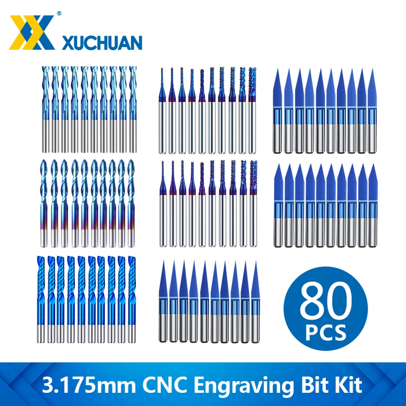 

10-80pcs CNC Engraving Bit Kit 3.175mm Shank Milling Cutter Carbide End Mill Set CNC Machine Milling Tools CNC Router Bit