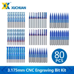 10-80pcs CNC Engraving Bit Kit 3.175mm Shank Milling Cutter Carbide End Mill Set CNC Machine Milling Tools CNC Router Bit