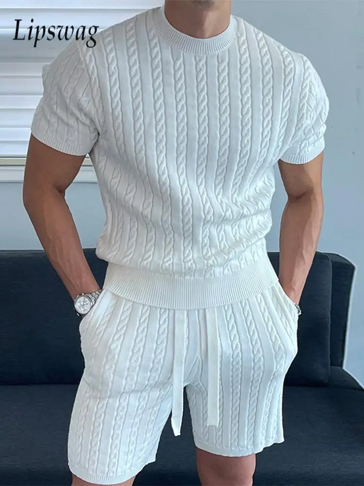 Fashion Mens Knitting Two Piece Sets Summer Stylish Twist Textured Knit T Shirts And Shorts Men Outfits Casual Solid Color Suits