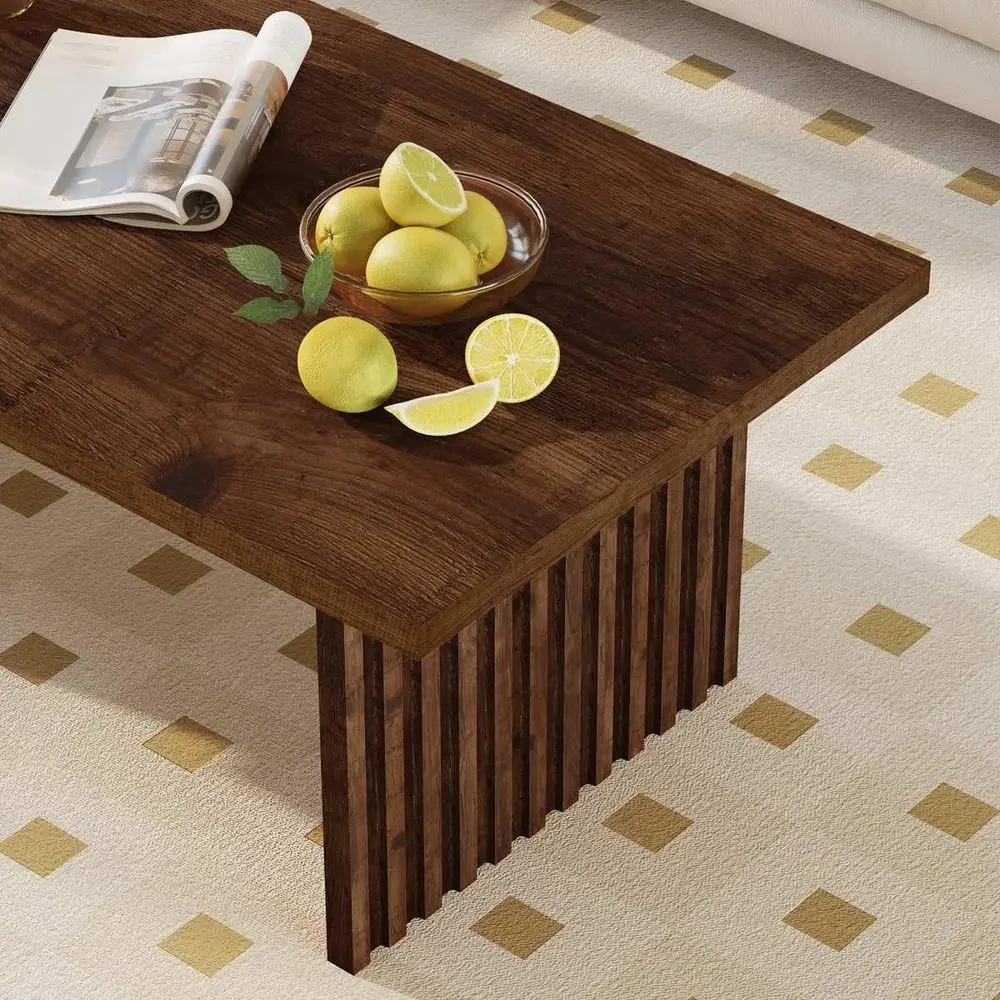 Rustic Oak Fluted Panel Farmhouse Coffee Table, 43 Rectangle for Mid-Century Living Rooms