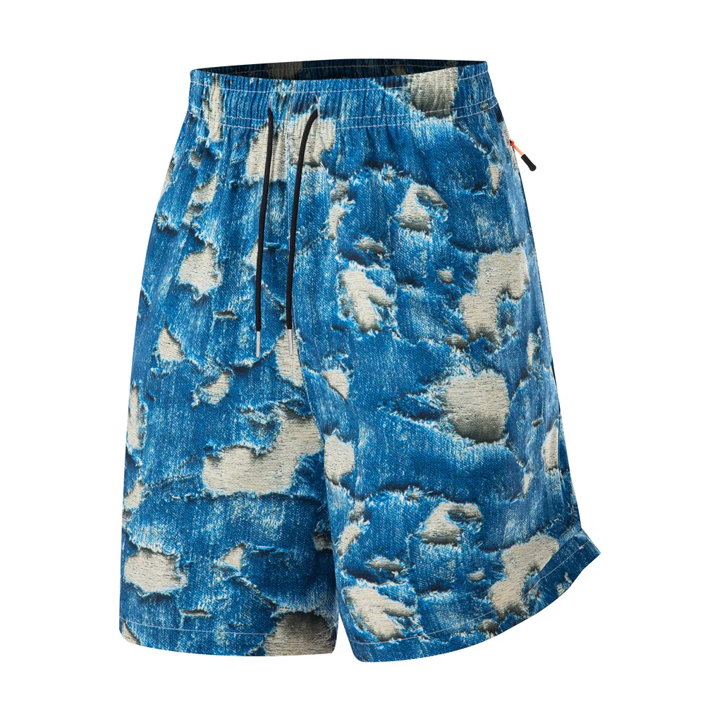 

Men's Quick Dry Denim Print Athletic Shorts Distressed Tie Dye Workout Shorts with Elastic Waist Zipper Pocket for Running Gym