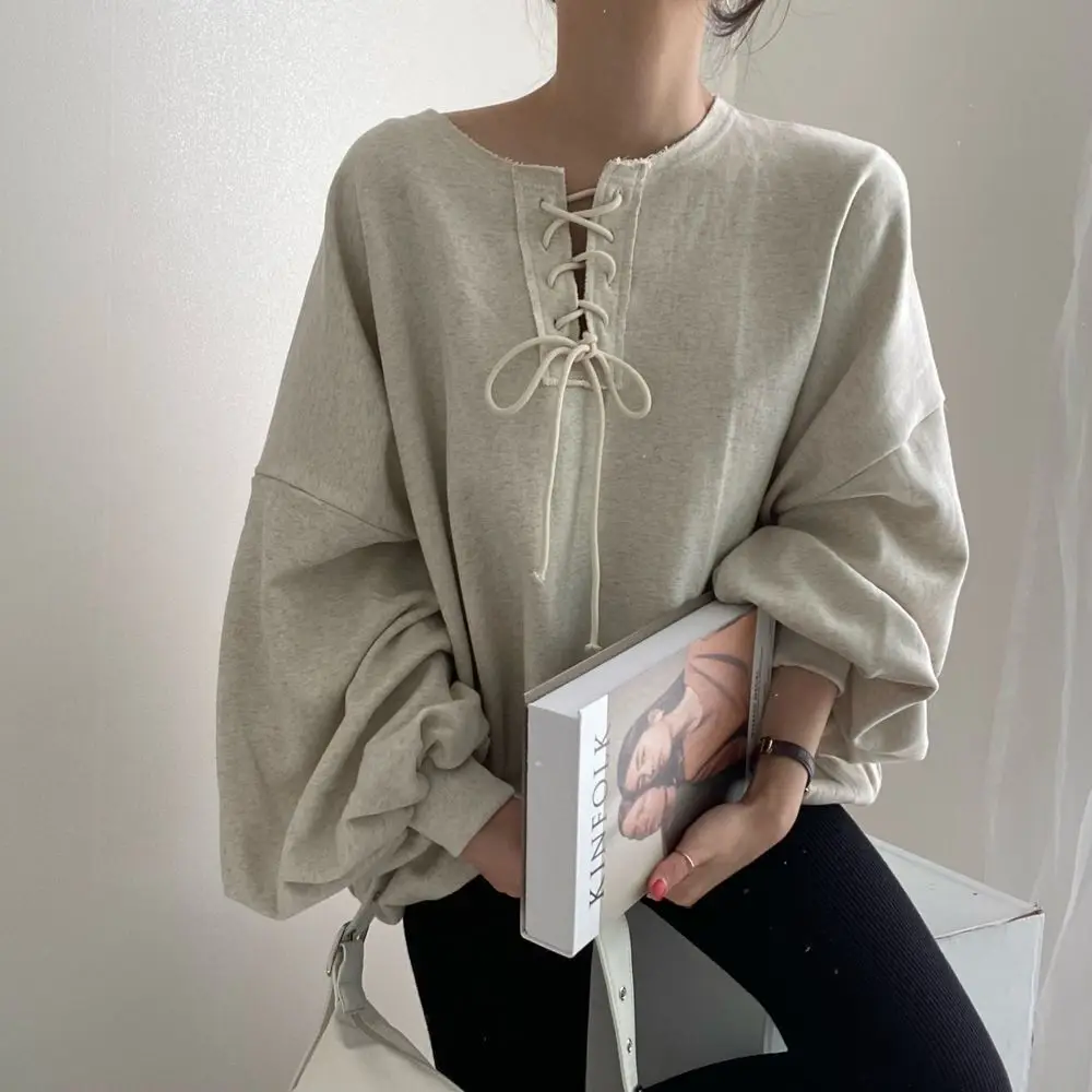 Loose Fit Long Sve round Ne Hoodie Women's Korean Sle Commute Wind Lantern Sve Sweatirt Autumn Season Faion Casual