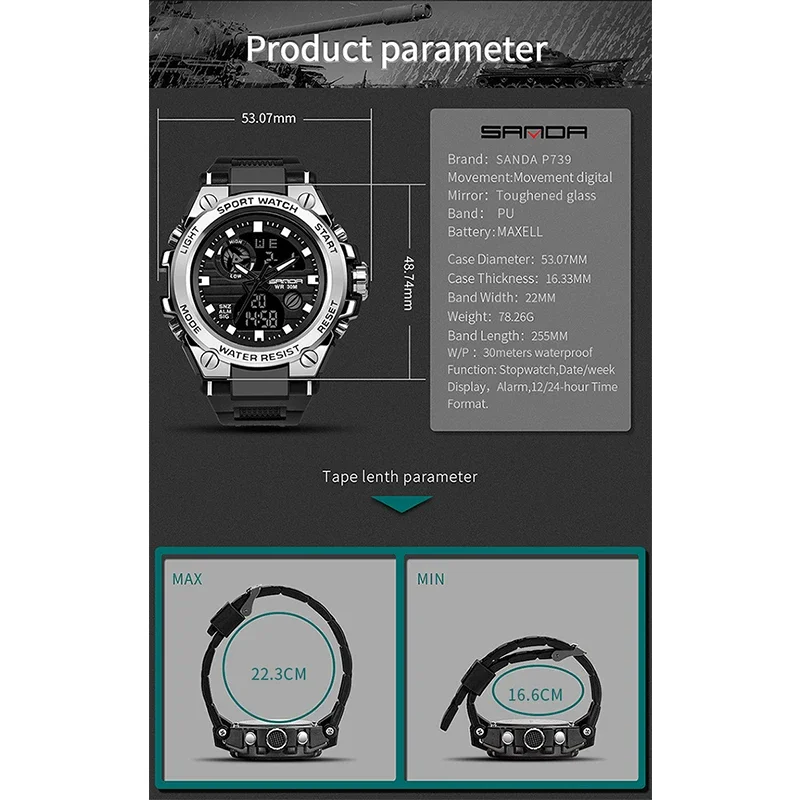 SANDA G Dual Display Waterproof Electronic Style Men Digital Watch Military Sports Watches Wristwatch Relogio Masculino 739