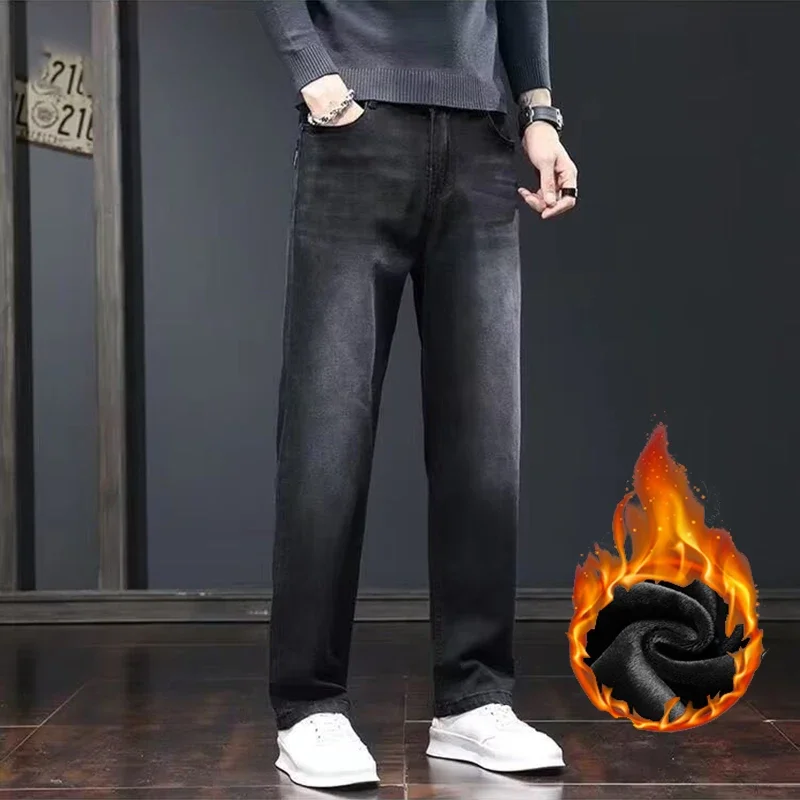 Winter Wear-resistant Work Trousers Men Thickened Warm Baggy Stretch Jeans Male Business Casual Straight Leg Denim Pants