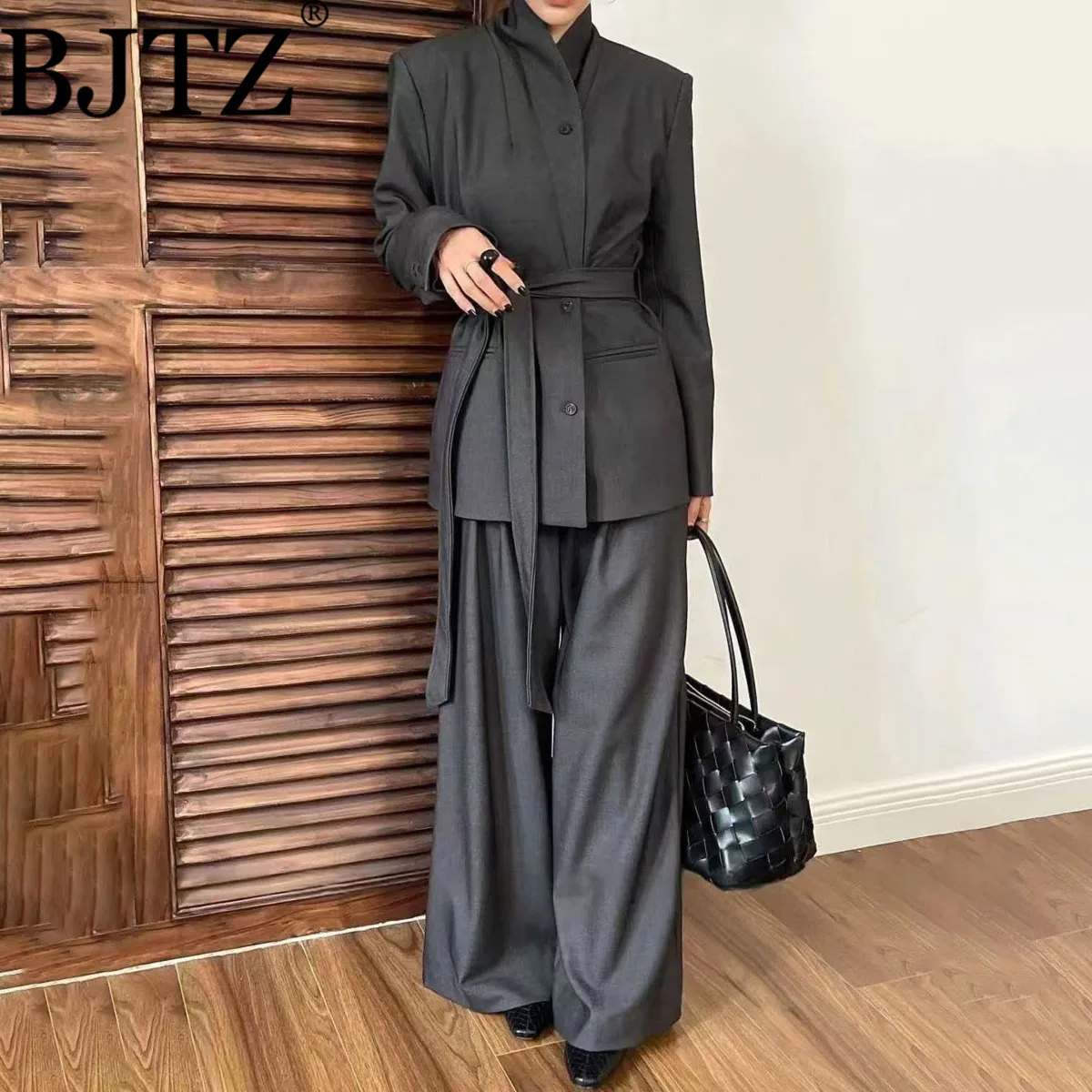 BJTZ الدانتيل متابعة التعادل الخصر سترة مجموعة للمرأة 2025 الخريف جديد واحدة الصدر معطف و عالية الخصر بنطال ذو قصة أرجل واسعة قطعتين مجموعة