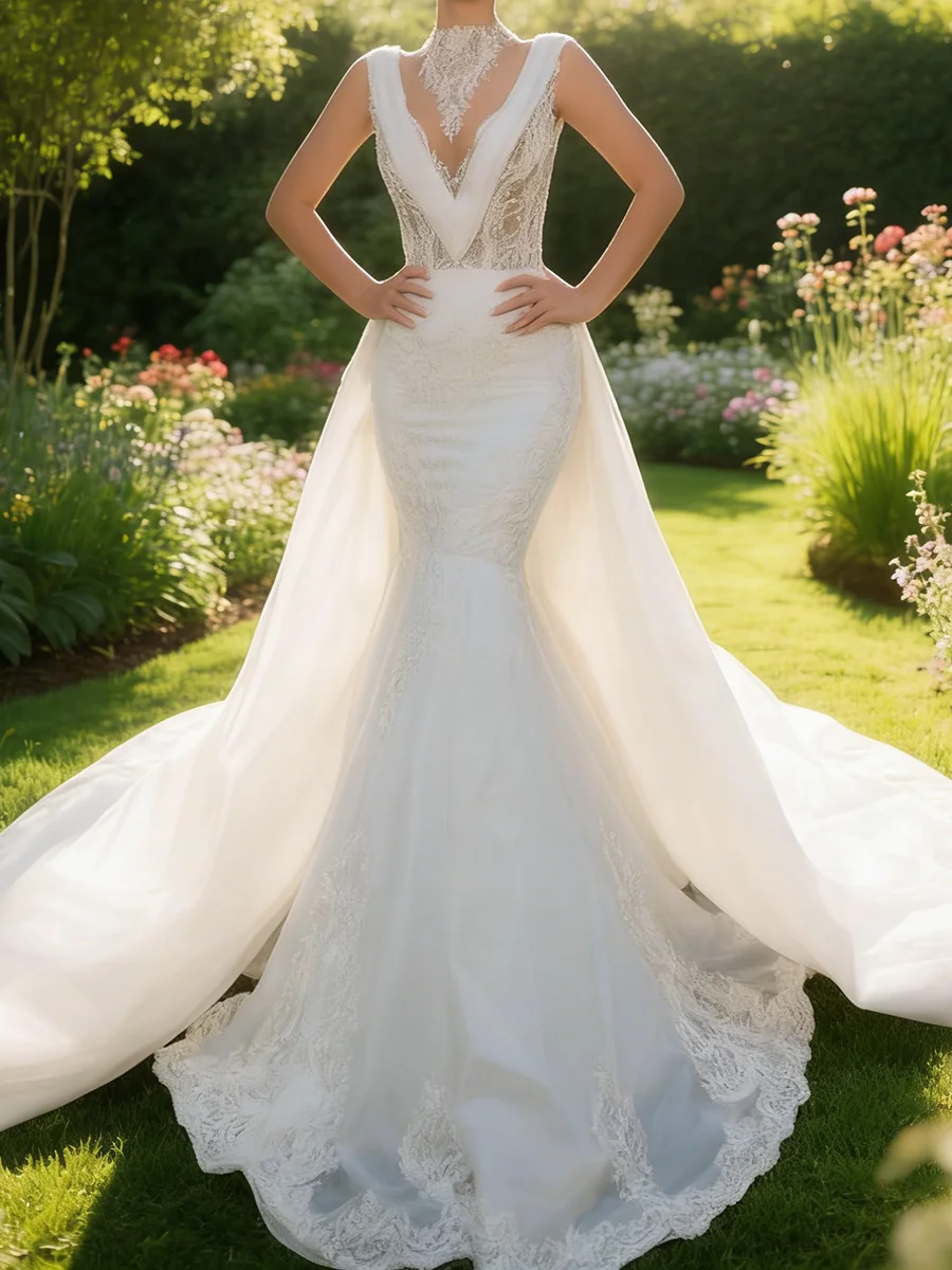 

Luxury High Collar Lace Sleeveless Detachable Train Mermaid Bride Wedding Dresses Bridal Gowns Customized
