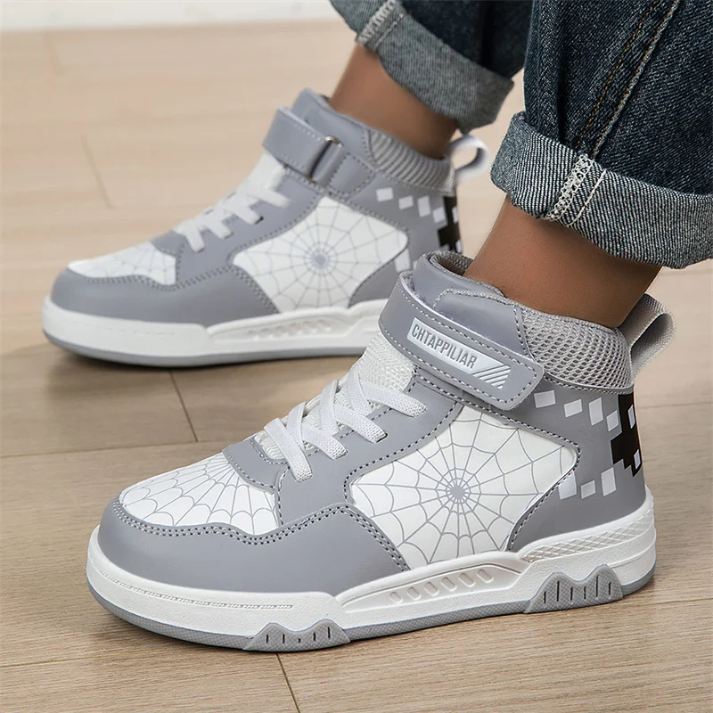 デザイン子供革製スニーカー男の子ハイカットシューズ2025新ファッションキッズスクールデイリーウォーキングカジュアルスポーツスニーカー男の子用