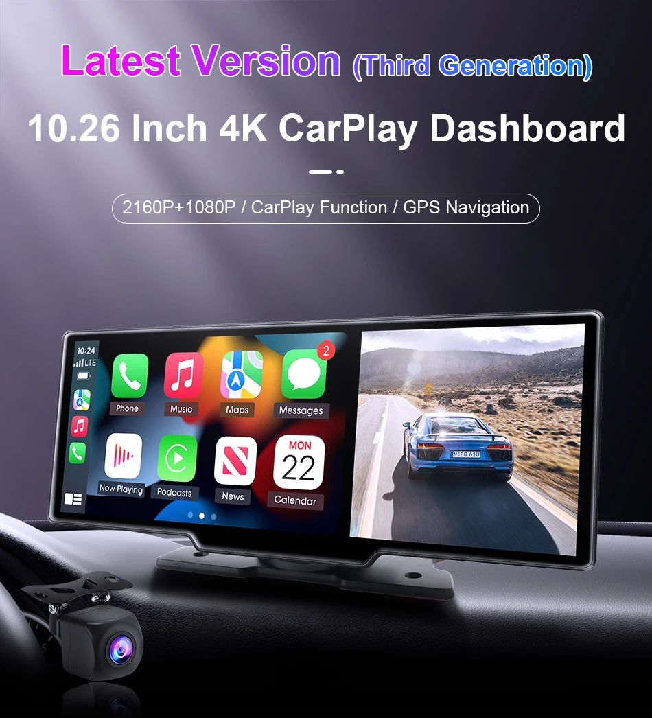 Srnubi 7/10,26 Zoll kabelloser Carplay-Bildschirm für Auto, Android Auto Dash Cam 4K Auto DVR, 1080P Rückfahrkamera, Navigationsvideorecorder, AUX – Detail 1