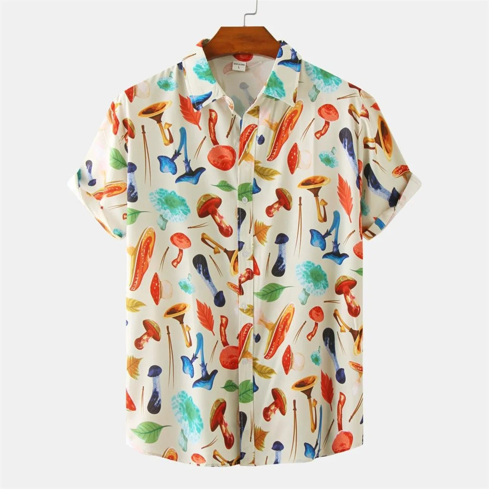 Men's shirt lapel summer short sleeve new style printed mushroom graphic casual breathable shirt men's simple tops