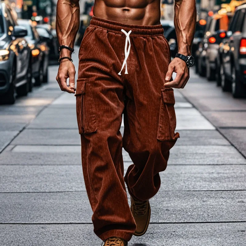 

High Quality Striped Corduroy Men's Casual Pants Autumn Winter Loose Fashion Cargo Straight Pants Fitness Sports Hip Hop Pants