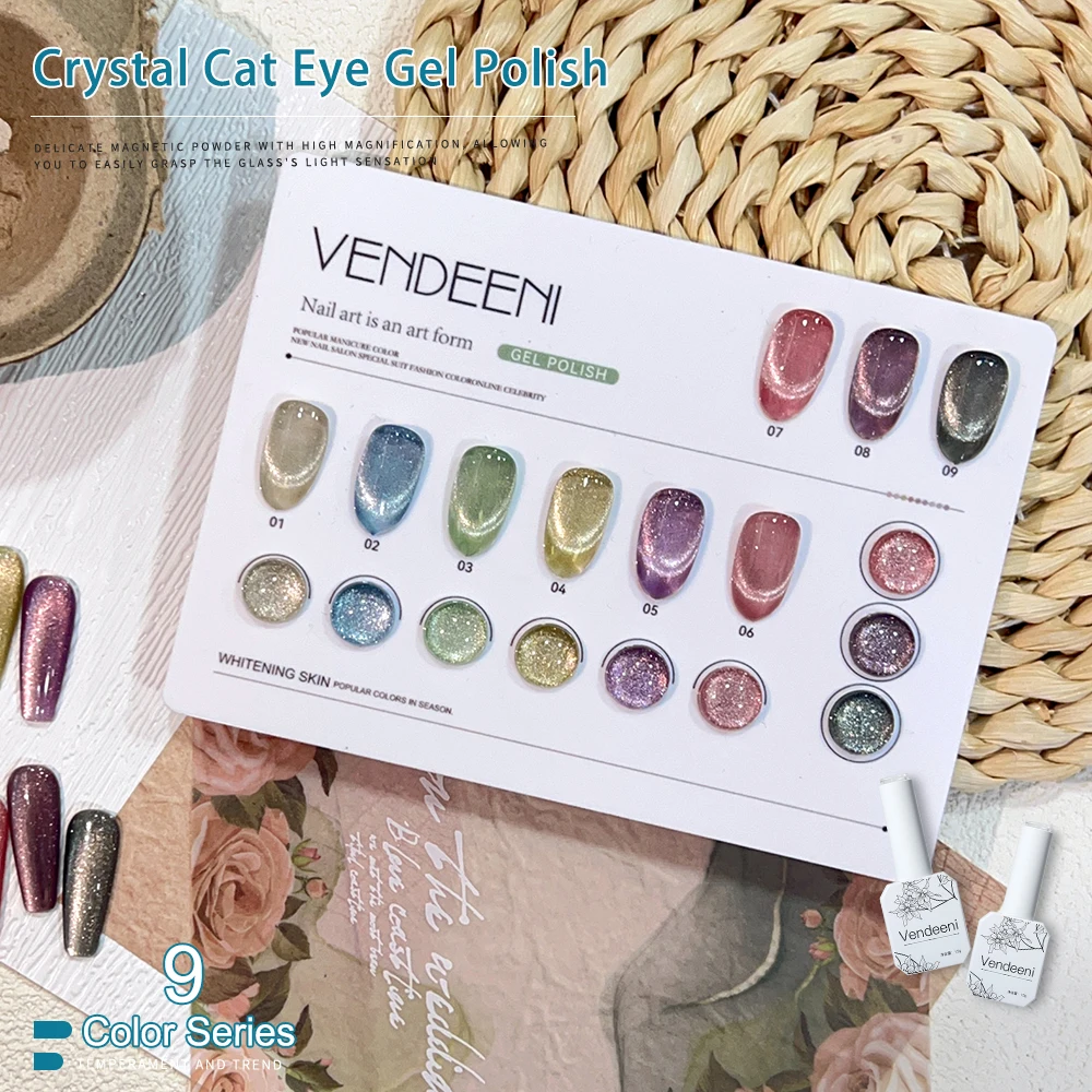 Vendeeni 9 Color Crystal Wide Cat Eye Gel Nail Polish Magnetic UV LED Gel Lacquer Smoothie Crystals Cat Eye Nail Art Gel Varnish