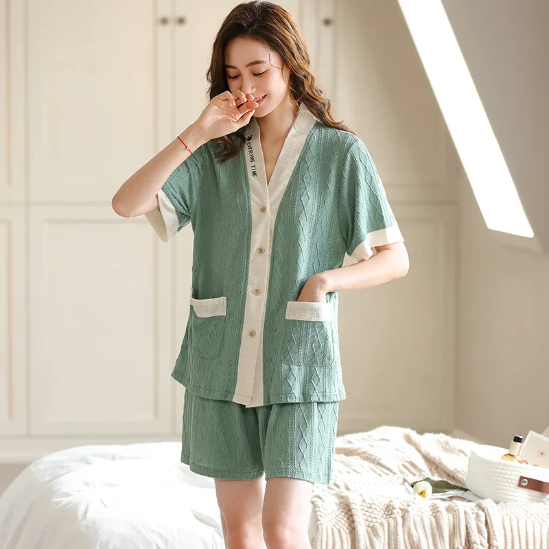 

Women Jacquard Modal Kimono Pajamas Set V-Neck Cardigan Homewear Home Clothes Lounge Wear Summer Short Sleeve Female Sleepwear