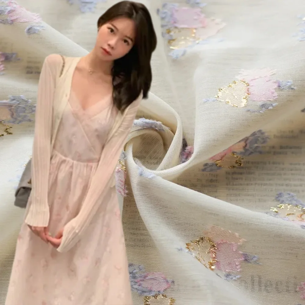 

Gold Silk Flower Color Yarn-dyed Jacquard Fabric Polyester Cotton Cut Cloth Semi-transparent Women's Fashion Shirt Pants Sewing