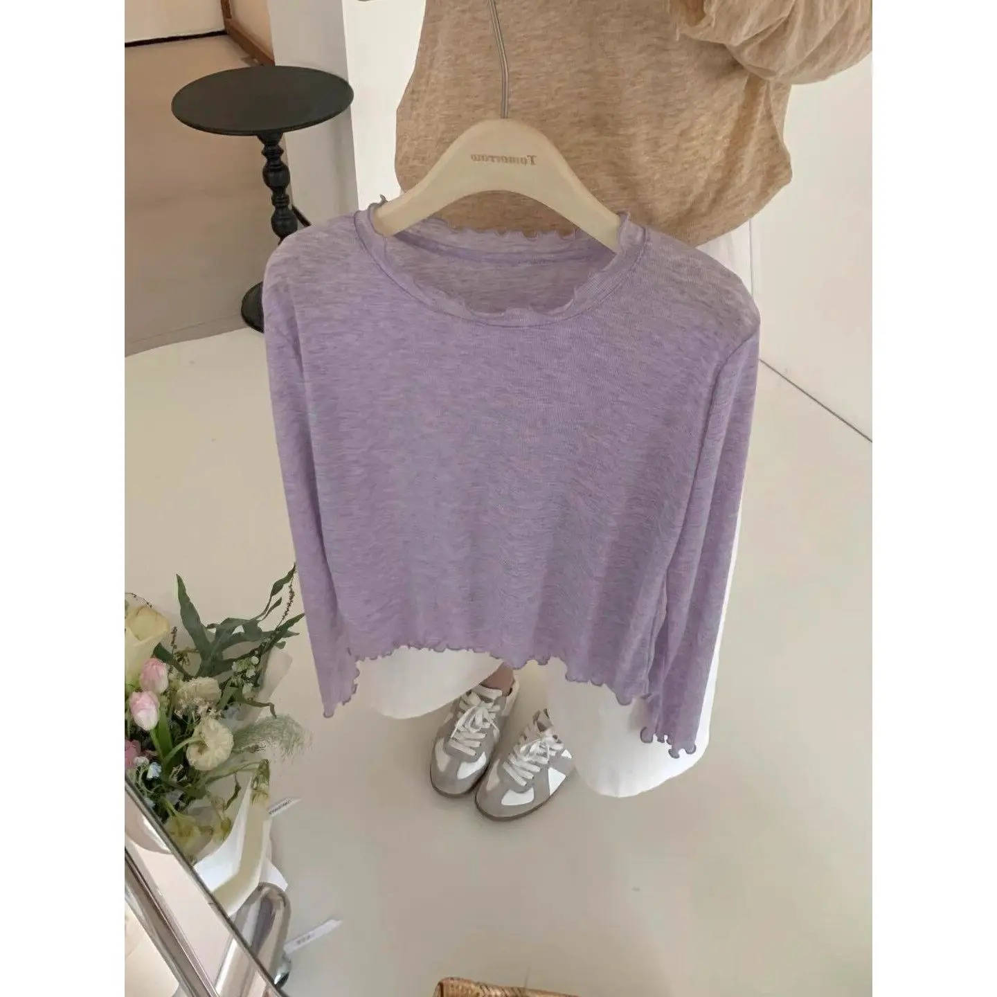Soft Gentle Korean Style Long Sleeve Lightweight Skin-friendly Wooden  T-shirt Pure Color Base Layer Shirt Women's Top