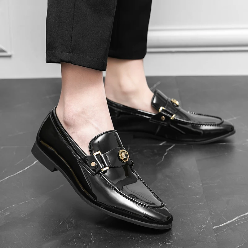 New Arrivals Loafers for Men Buckled Shiny Black Leather Shoes Slip-On Office & Career  Dress Shoes  Big Size 38-47