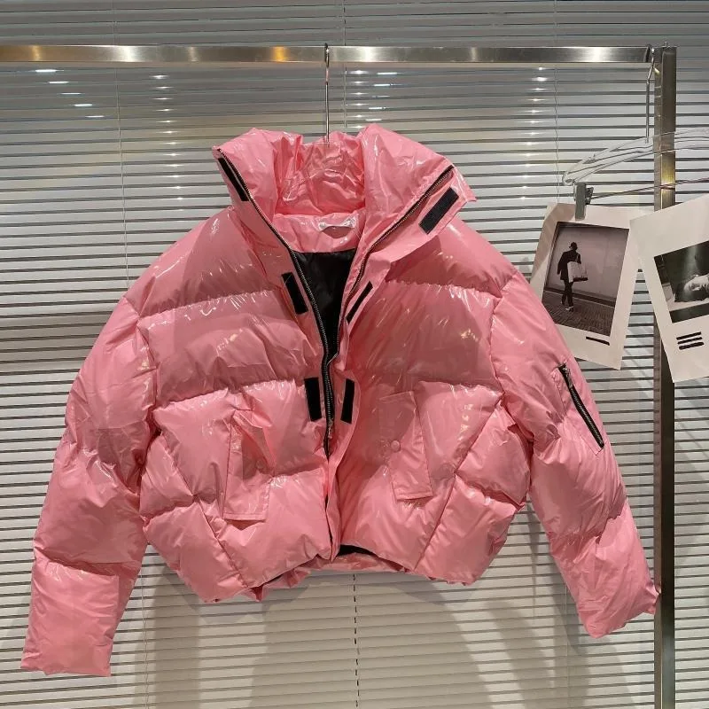 Candy-colored Glossy Patent Leather Warm Cotton-padded Jacket, Loose. New Fashionable Women's Coat for Autumn Winter Relaxation.