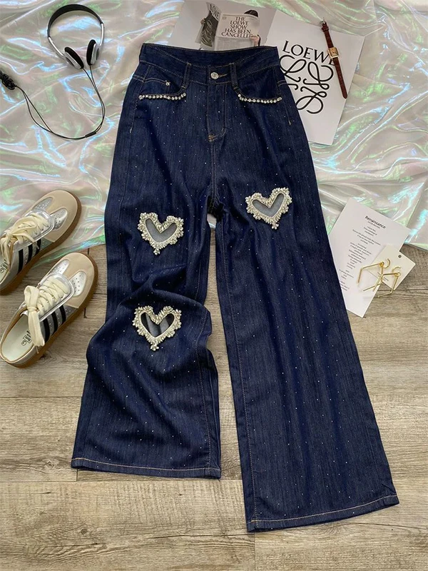 

Heavy Du Straight Leg Jeans Men's High Waist Wide Leg Pants Tear Diamond Heart Design Casual Faion Autumn Season Clothing