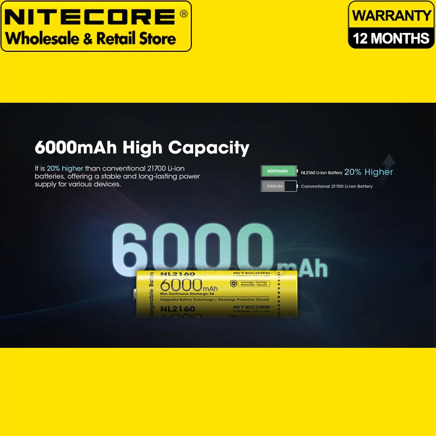 High Capacity NITECORE NL2160 6000mAh Rechargeable Li-ion Battery 21700 by CE certified