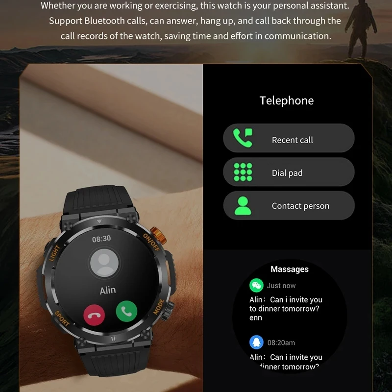 2024 New Men's Smart Watch Bluetooth Call Outdoor Flashlight Multiple Sports Guide Fitness Tracker Android IOS IP67 Waterproof