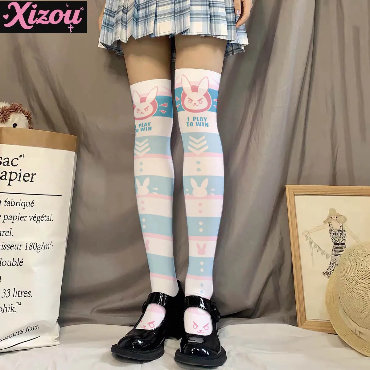 Soft cute girl kawaii print stockings thin female spring and autumn Japanese Lolita cute anime knee long tube white velvet sock