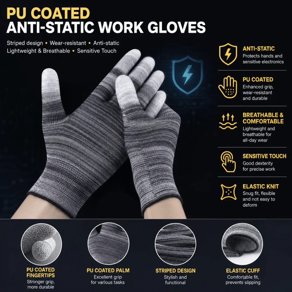 6pairs Coated Finger Anti-Static Gloves Dust-Free Antiskid ESD Safety Gloves Electronic Working Protection Gloves