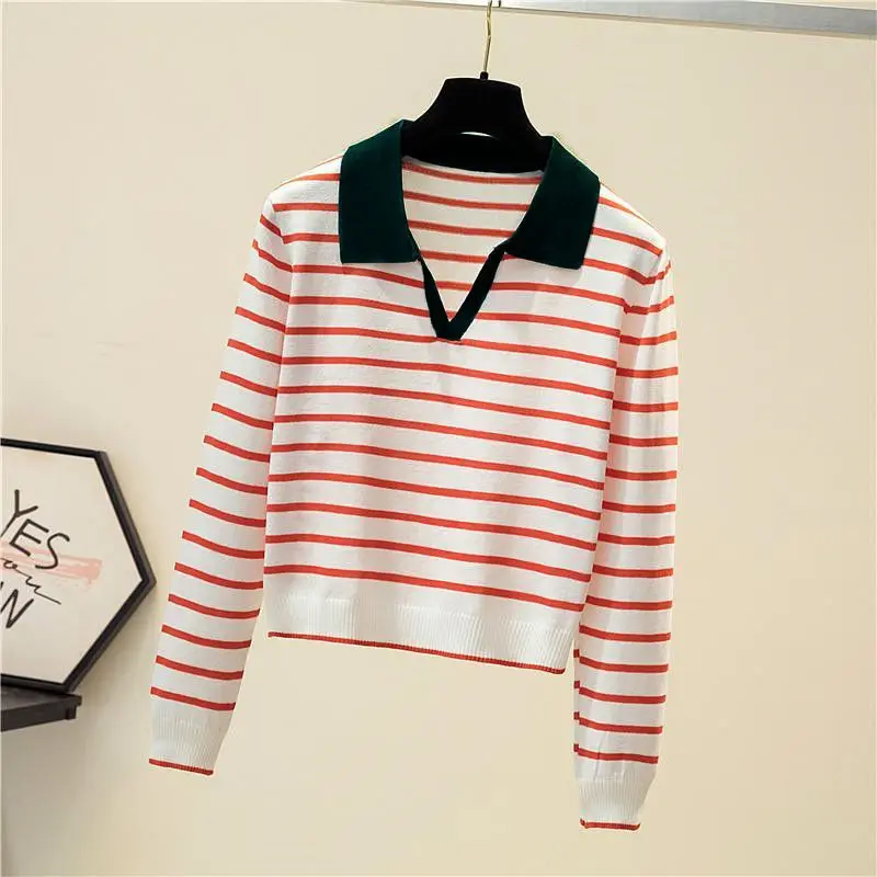 Fashion Women Clothing Long Sleeve Striped Sweater Spring Autumn New V-Neck Versatile Loose Casual Basic Knitted Pullovers Top