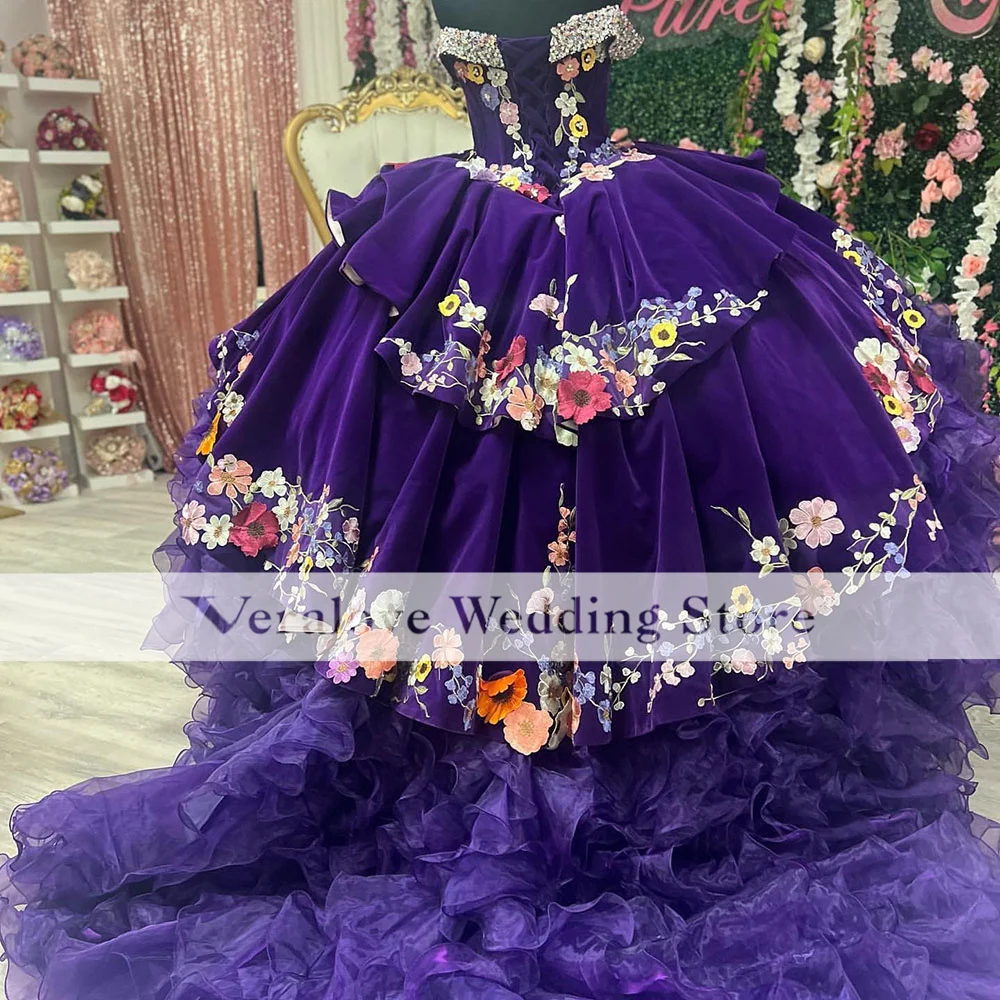 Charro Purple Emboridery Lace Mexican Quinceanera Vestidos, 15 anos Birthday Party Gowns, 2023