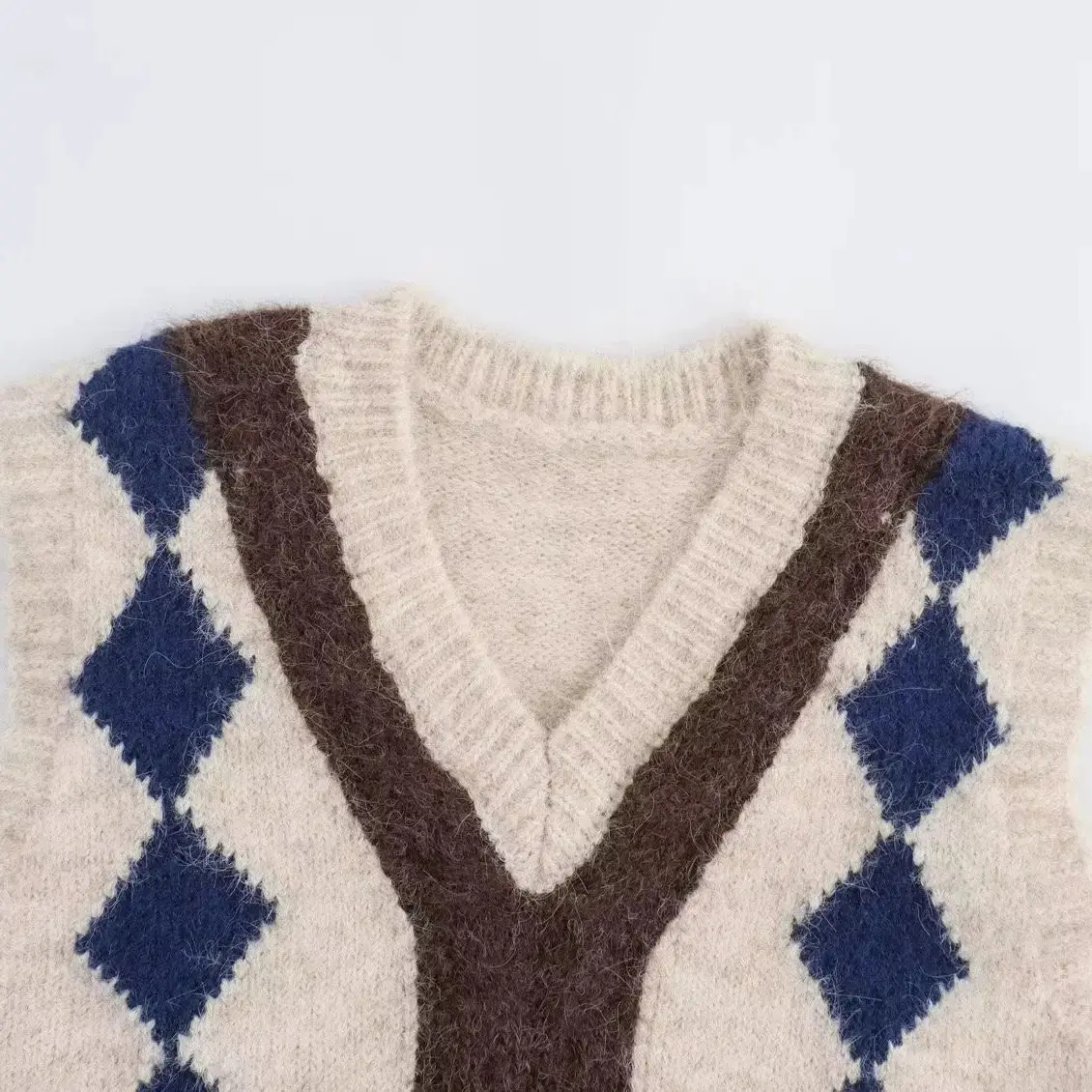 2025 CHIC V-hals Geometrische Plaid Breien Mouwloze Trui Vest Vrouwen Vest Trui Tanks Koreaanse Stijl