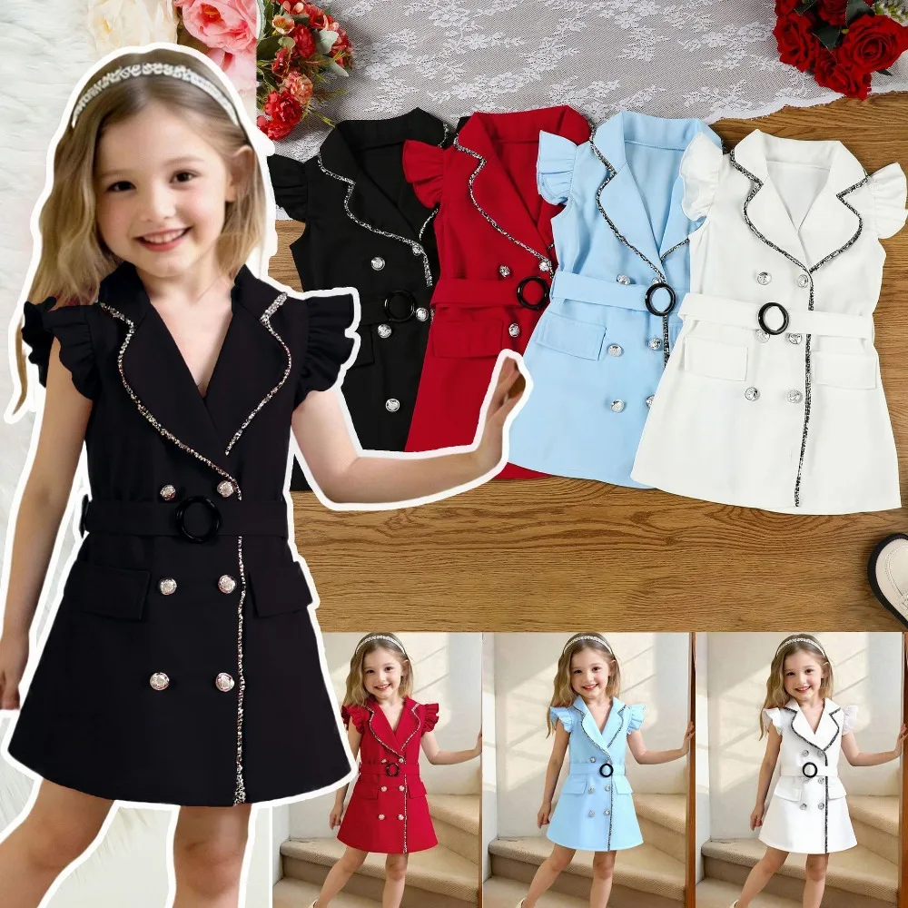 2026 Summer Girls Two-Piece Dress European American Style Stylish Double Breasted Dress  Belt for Toddler  Little Girls