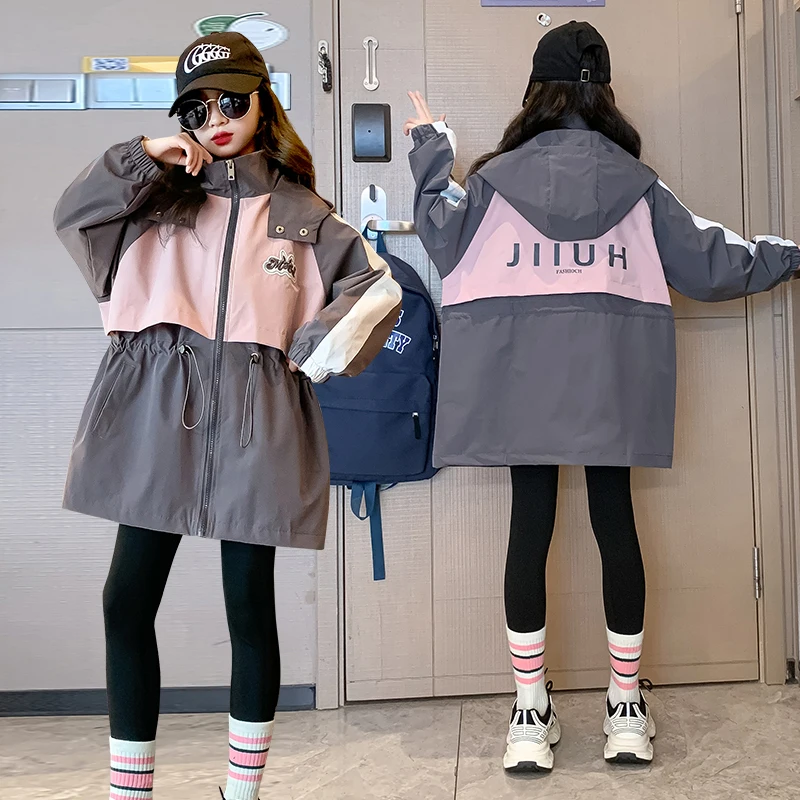

Girls Cinched Waist Windbreaker Jacket Autumn Fashion Turtleneck Trench Coat Children Hiking Outerwear Kids Casual Sports Outfit