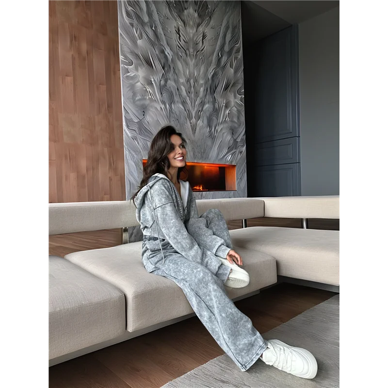 NEU – 2-teiliger Velours-Trainingsanzug für Damen, zweiteilig, weicher Samt-Kapuzen-Trainingsanzug für Damen, Lounge mit Taschen, Grau, M