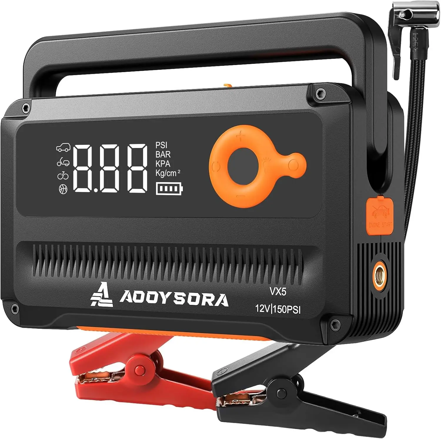 9-in-1 6000A Car Jump Starter 26800mAh with Air Compressor, 150PSI, Auto-Shutoff, Flashlight & Cables