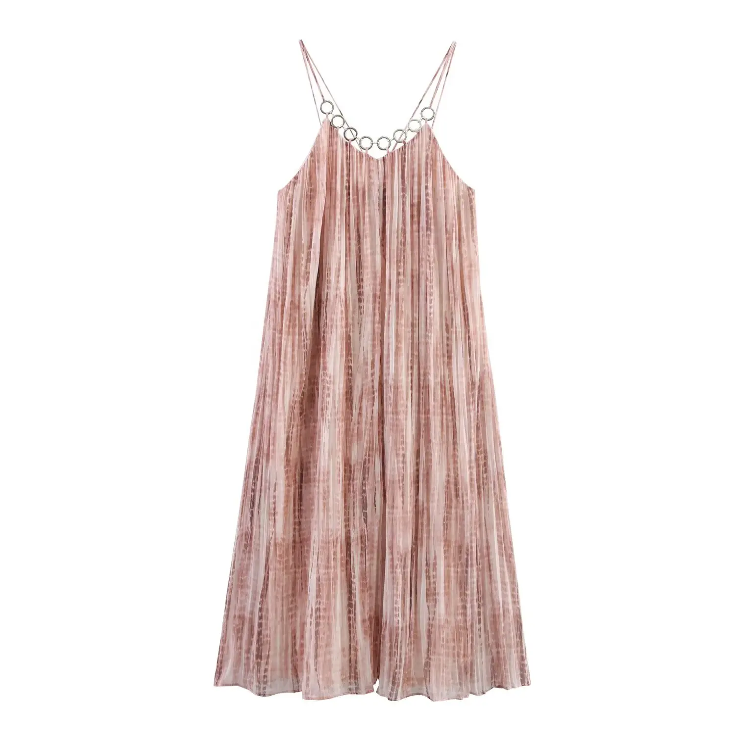 

BM&MD&ZA Women's Elegant Sleeveless Spaghetti Strap Mid - Length Tie - Dye Printed Loose Dress with Metal Ring Decoration