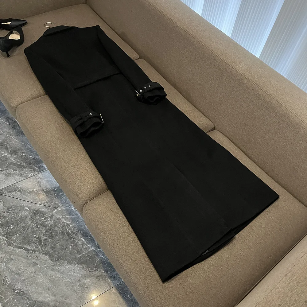 Twotwinstyle sólido temperamento trench coat para mulher com decote em v manga longa emendado cinto chique jaqueta moda feminina novo kj545021